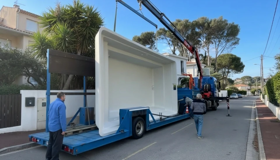 Sc&egrave;ne ext&eacute;rieure au bord d'une piscine carrel&eacute;e bleue avec margelles en composite marron